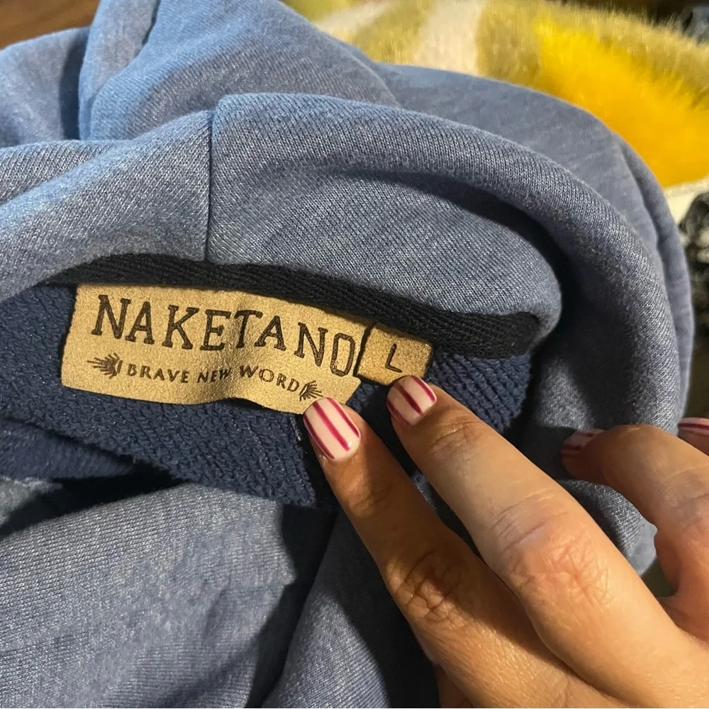 Naketano Fleece Hoodie Sweatshirt Blue Heavyweight Pullover Cowl, Size Large - Picture 5 of 5
